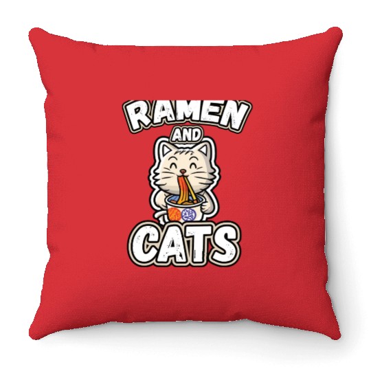 Ramen and cats Throw Pillows