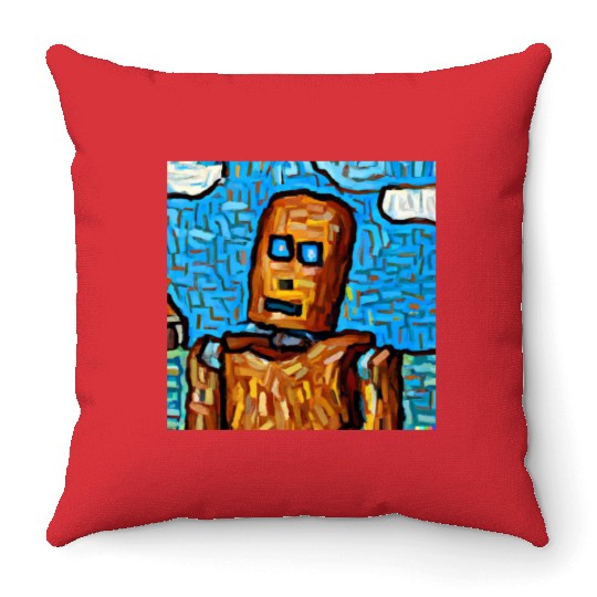 a van gogh painting of a cyberpunk robot 4 Throw Pillows