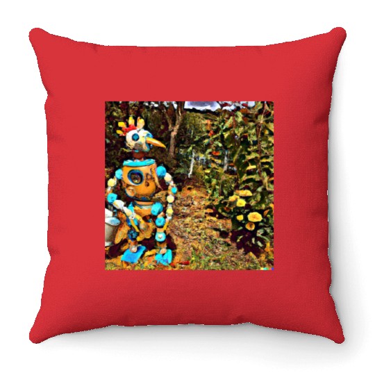 a robot chicken in the garden van gogh style Throw Pillows