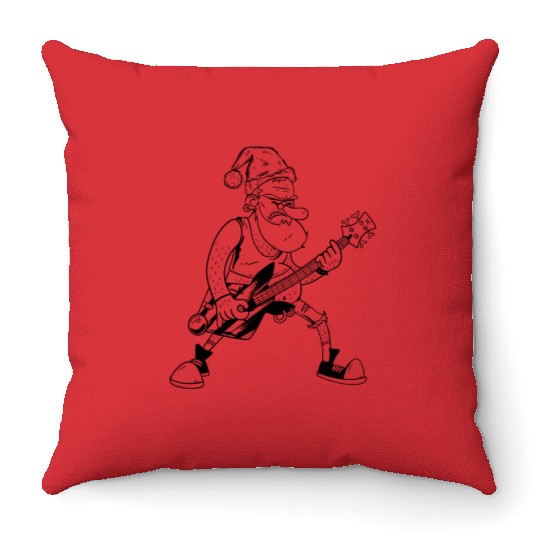 Bass Guitarist Santa Claus Guitar Player Throw Pillows
