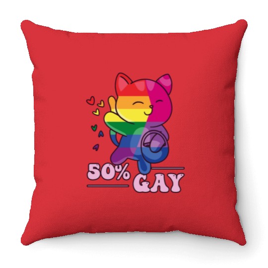 50% Gay Bi Bisexual Pride Kawaii Cat Kawaii Throw Pillows
