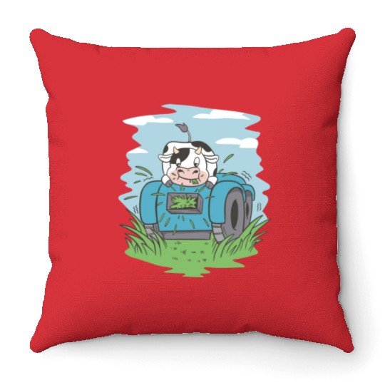 Cow eating grass tractor Cow eating grass tractor Throw Pillows