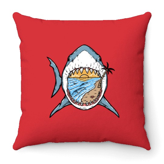 Beach and surf in great white shark Throw Pillows
