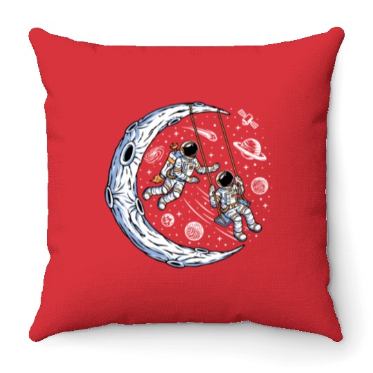 Astronauts on swing on moon Throw Pillows