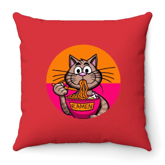 Colorful Ramen Cat Orange and Pink Throw Pillows