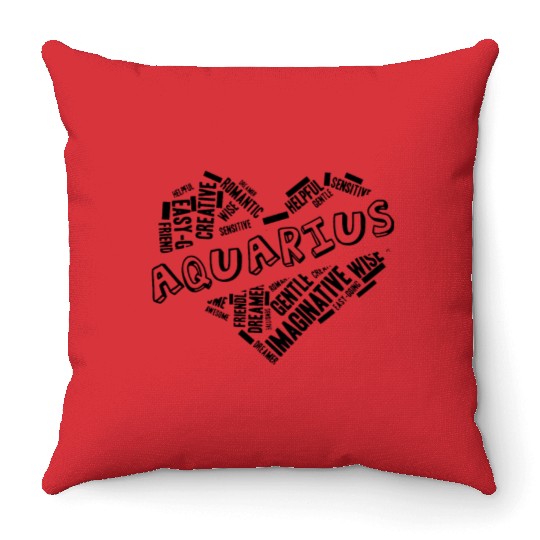 Aquarius Heart Word Cloud Doodle Astrology Zodiac Throw Pillows