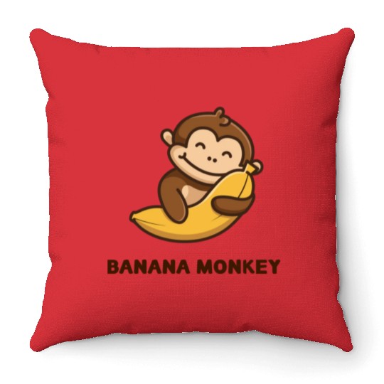 Brown illustrated Monkey and Banana Throw Pillows