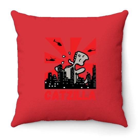 Catzilla funny cat Japanese Sunset Throw Pillows