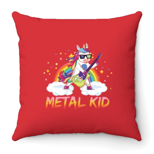 Metal Kid Music Guitar Unicorn Rainbow Heavy Rock Throw Pillows