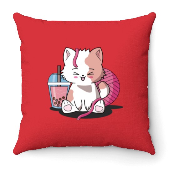 Chibi Boba Tea Cat Throw Pillows