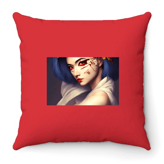 Japanese Geisha Woman - japanese wall art digital Throw Pillows
