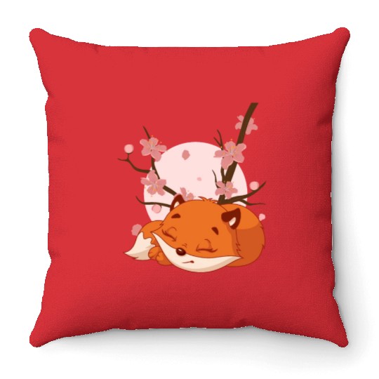 Japanese Fox Cherry blossom Flower sakura kawaii Throw Pillows
