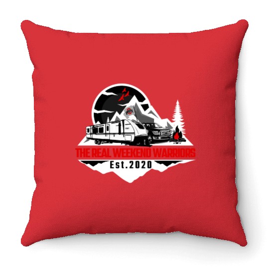 The Real Weekend Warriors Latest Logo in Red Throw Pillows