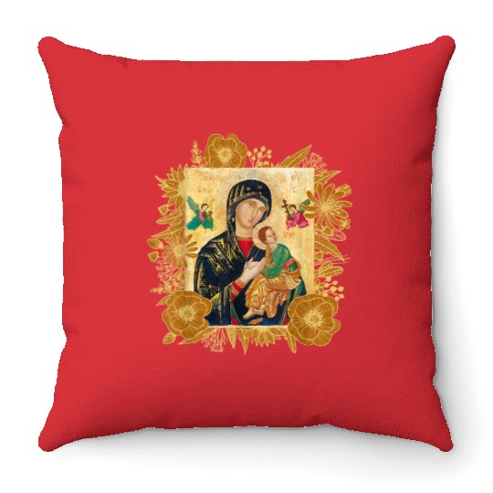 Our Lady of Perpetual Help Blessed Mother Mary Cat Throw Pillows