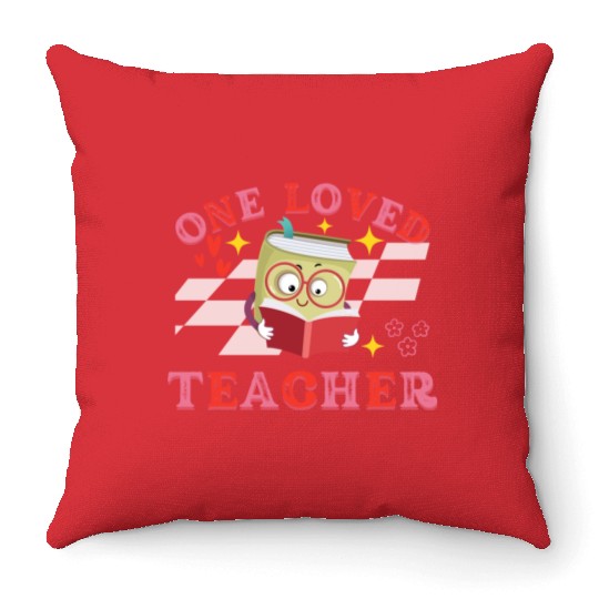 Valentines Day One Loved Teacher Retro Groovy Hear Throw Pillows