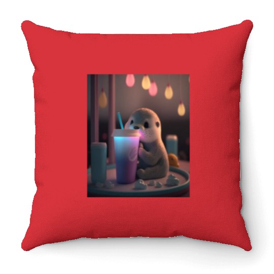 Kawaii Otter Pet Otter Drinking Boba Tea Throw Pillows