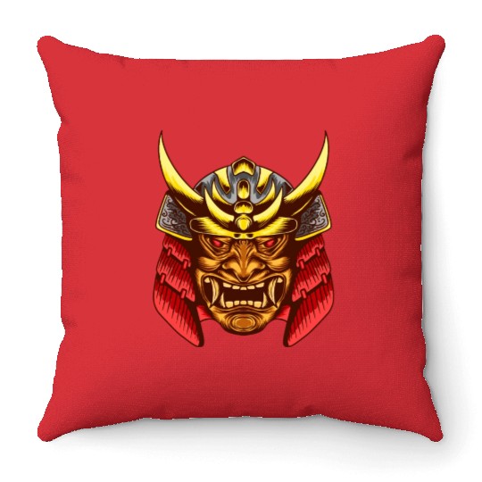 Japanese samurai warrior devil yellow and red mask Throw Pillows