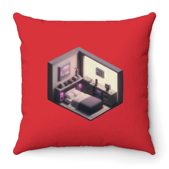 Isometric Bedroom - Synthwave Retro Future Room Throw Pillows
