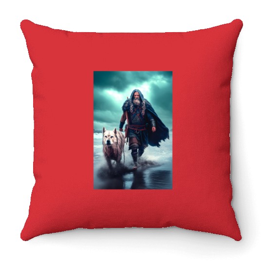Viking Warrior and Wolf Ultra Realistic Poster Throw Pillows