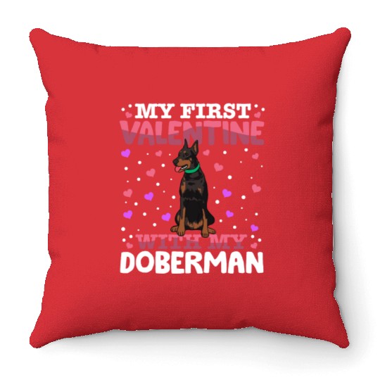 My First Valentine With My Doberman Animal Heart Throw Pillows