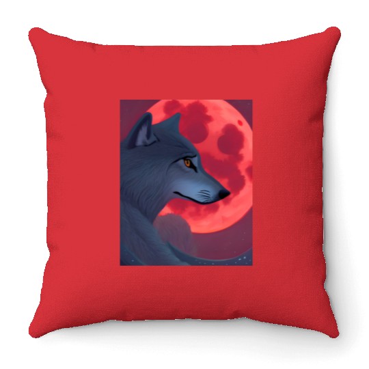 A Grey Wolf Staring at a Blood Moon Throw Pillows