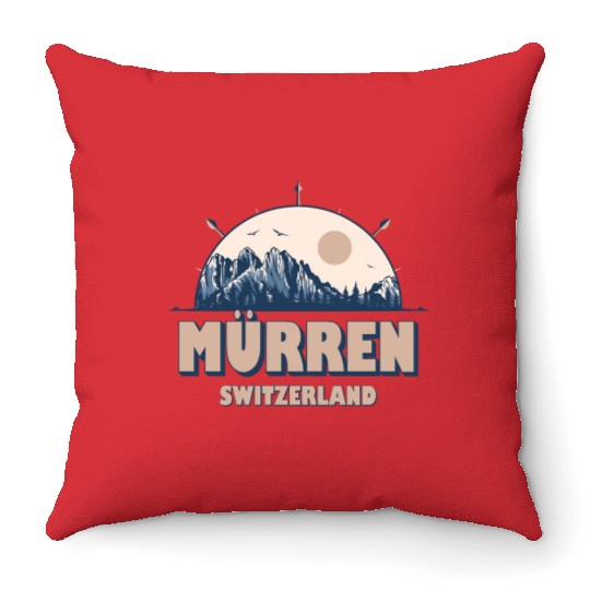 Mürren Switzerland Swiss Alps Vintage Hiking Desig Throw Pillows