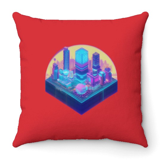 Small City Block - Isometric Style - Retro Sunset Throw Pillows