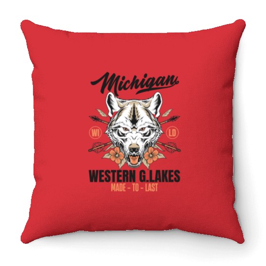 Western great lakes Michigan home of the wolf Throw Pillows