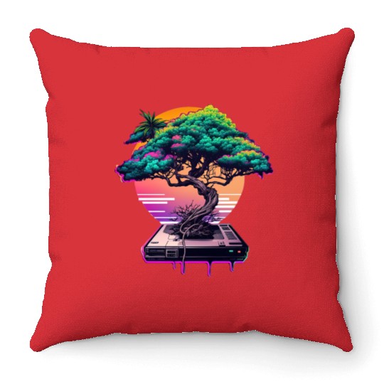 Synthwave Bonsai Tree Throw Pillows