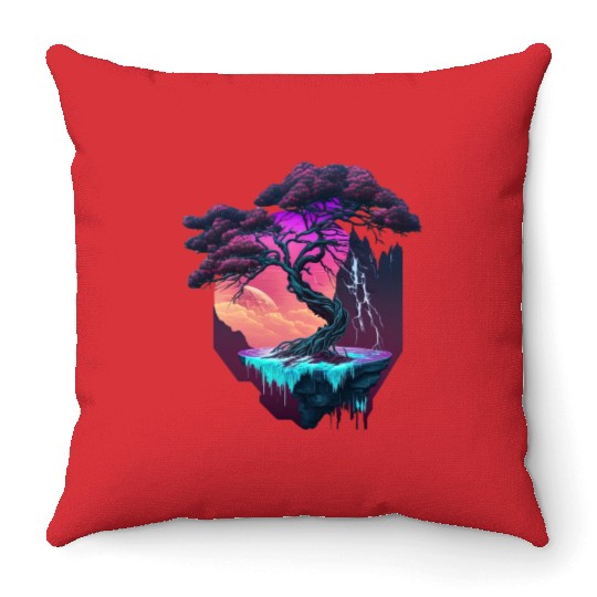 Synthwave Bonsai Tree Throw Pillows