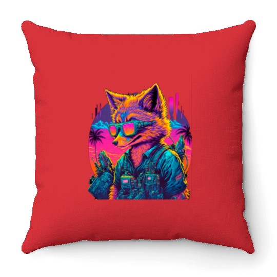Retro Futuristic Synthwave Fox Throw Pillows