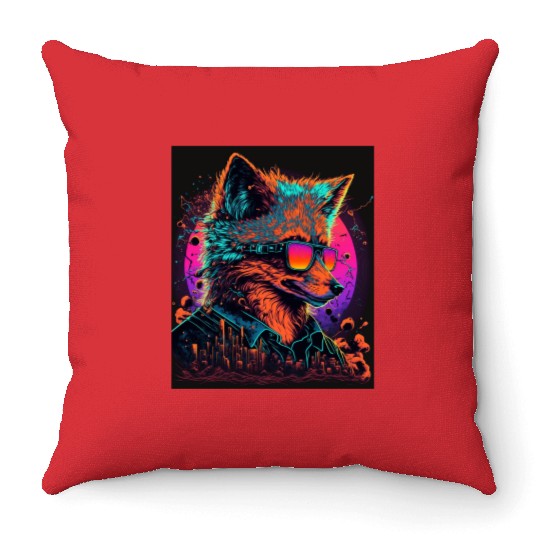 Retro Futuristic Synthwave Fox Throw Pillows
