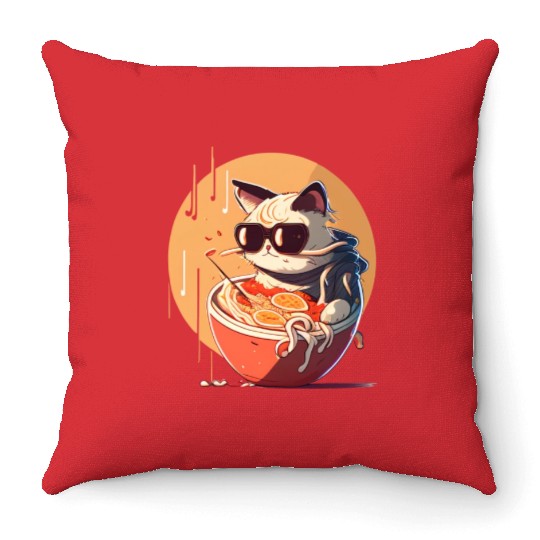 cat eating Chinese food,cute design for Meow lover Throw Pillows
