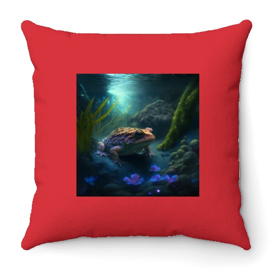 A toad in a creek the toad has blue glowing eyes Throw Pillows