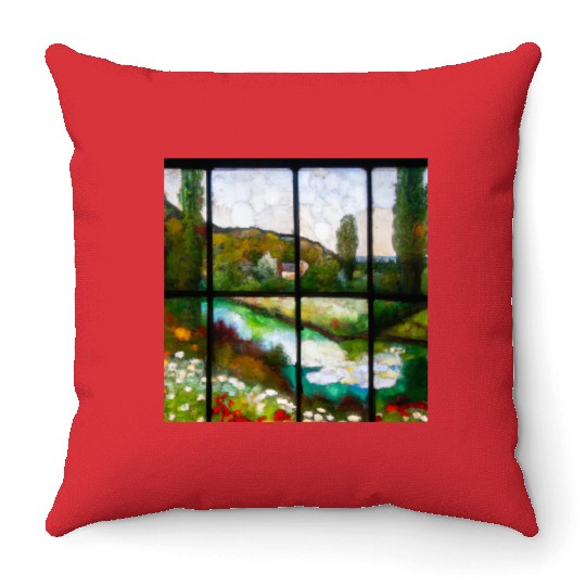 Stained Glass Monet Waterscape (AI Art) Throw Pillows