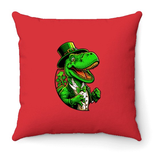 St Patricks Day T-rex Dinosaur With Top Hat Throw Pillows