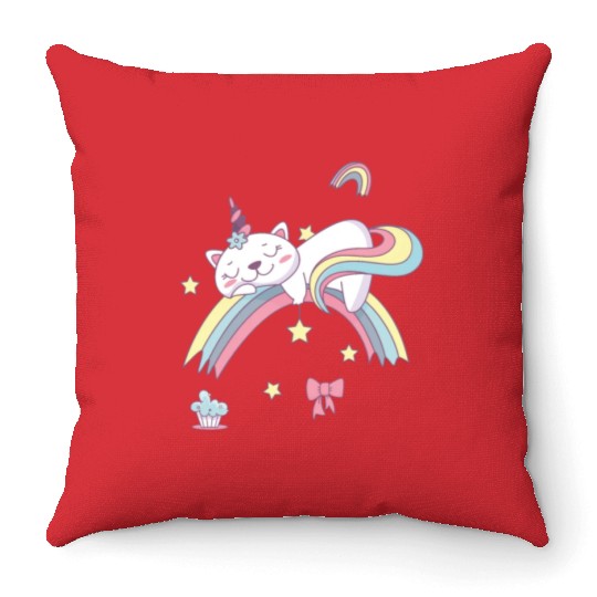 Unicorn Kawaii Cat Cartoon Over Rainbow Throw Pillows
