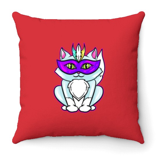 Cute Kawaii Cat With Purple Mask For Mardi Gras Throw Pillows