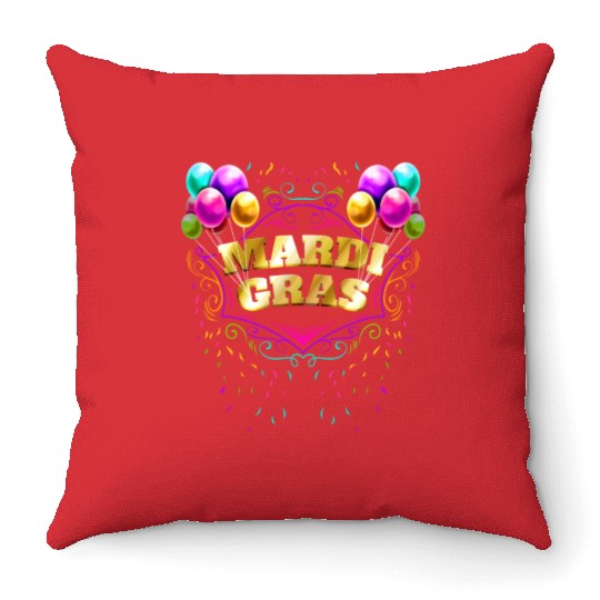 Ballons And Yellow Golden Lettering For Mardi Gras Throw Pillows