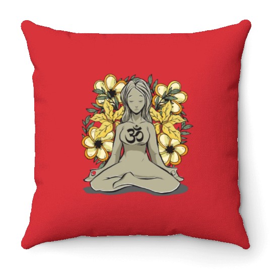 Positive Mediating Girl Flower Bouquet Zen Meditat Throw Pillows