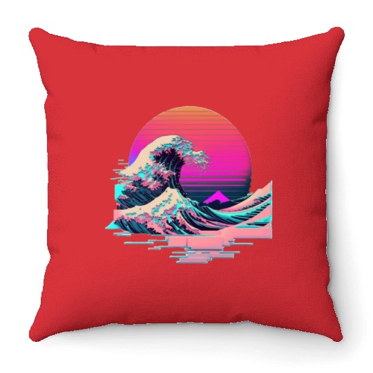 Vaperwave Aesthetic Glitch Great Wave Retrowave Sy Throw Pillows