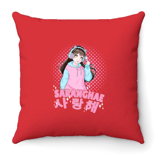 Saranghae Cute Korean Anime Girl Kpop Finger Heart Throw Pillows