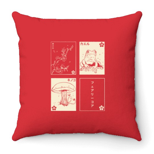 Cottagecore Tarot Cards Fungi Frog Goblincore Throw Pillows