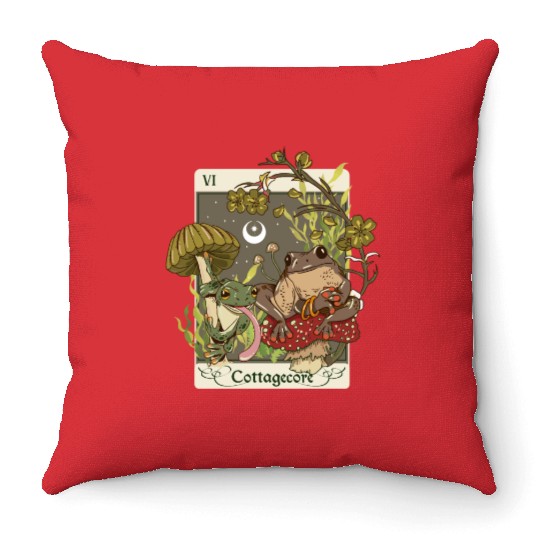 Swamp Mushroom Frog Cottagecore Tarot Card Aesthet Throw Pillows