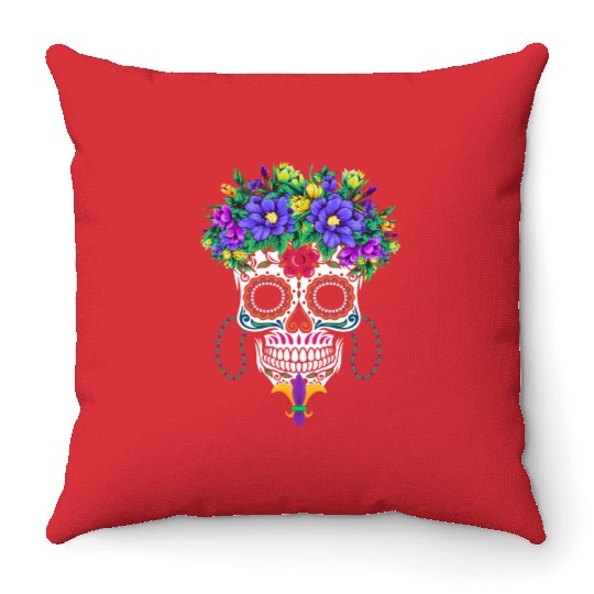El Dia De Los Muertos Mardi Gras Costume Flower Throw Pillows