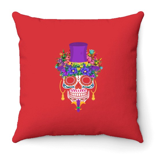 Mardi Gras Costume Dia De Los Muertos Flower Sugar Throw Pillows