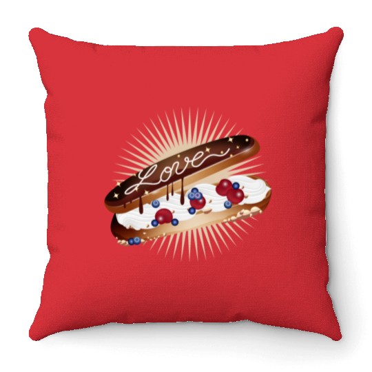 Illustration of an eclair with cream and love Throw Pillows