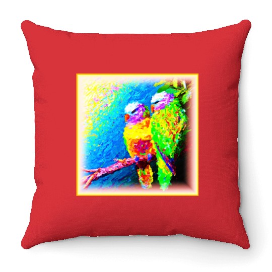 A Vibrant and Joyful Rainbow Birds. Buy Now Throw Pillows