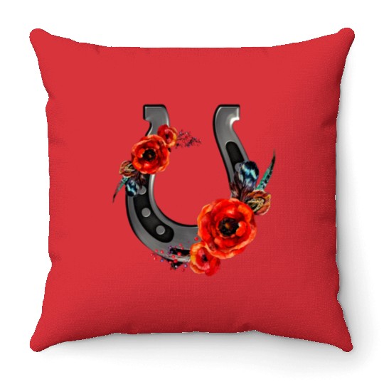 Floral Horseshoe With Poppies Throw Pillows