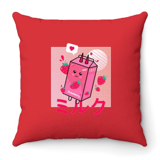 Strawberry Milk Shake Funny Retro 90s Japanese Throw Pillows